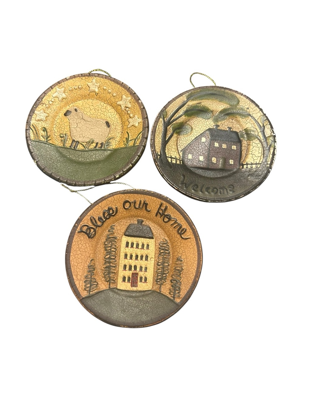 Set Of 3 Miniature Ragon House Primitive Redware Pottery Plates & Ragon Shelf